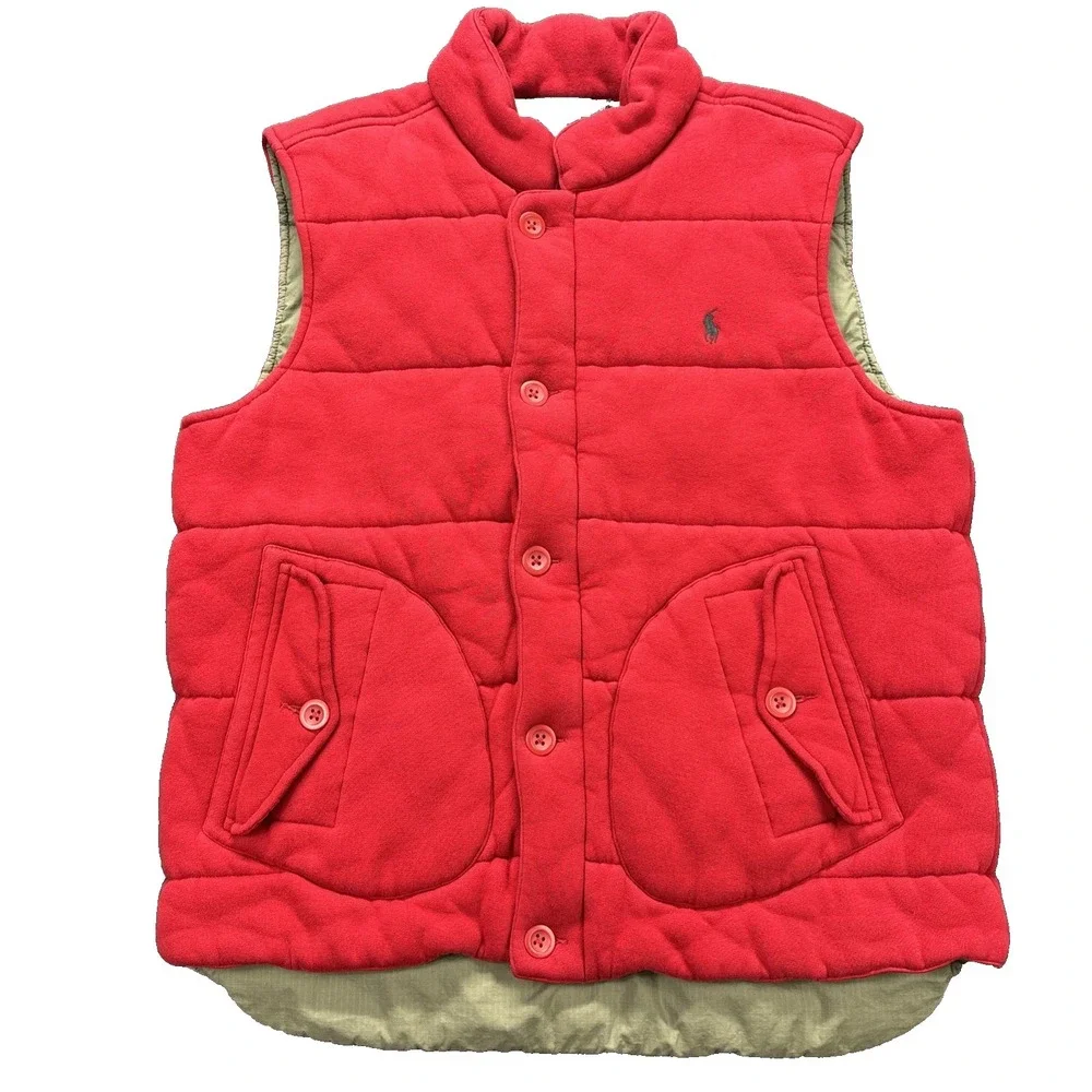 Vintage Polo Ralph Lauren Puffer Vest Gilet Mens XL Full Zip Button Lined Red